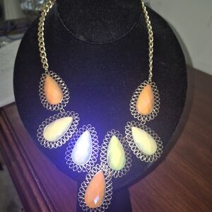 Gold Teardrop Statement Necklace with Orange and Opalescent Drops